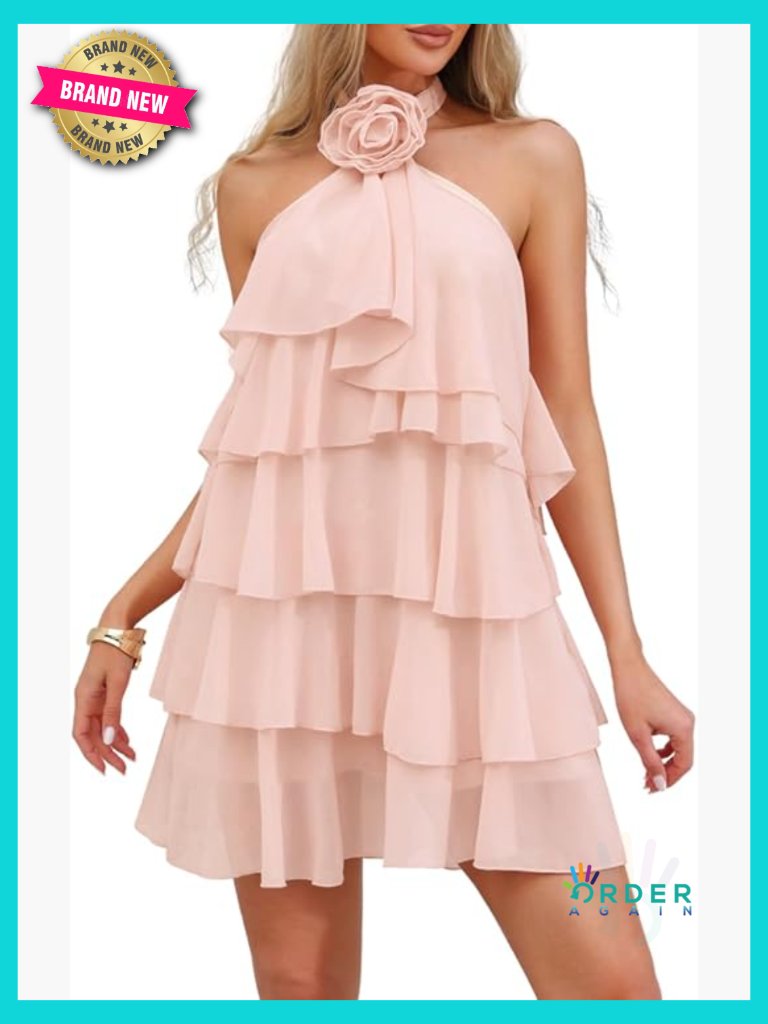 Chiffon Halter Mini Dress Backless Ruffle A-Line Tiered Summer